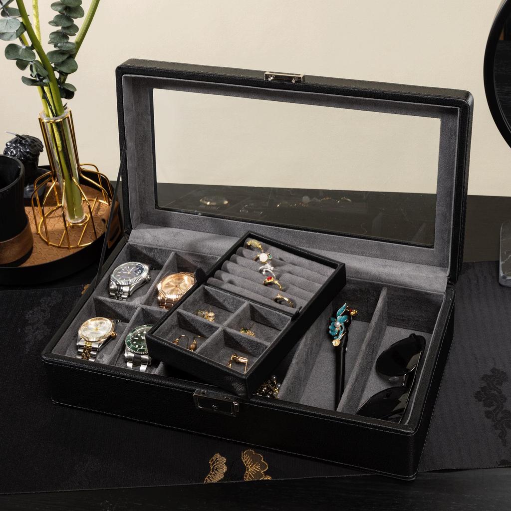 Коробка для хранения часов и очков из ПУ кожи с зернистой текстурой личи с несколькими отделениями