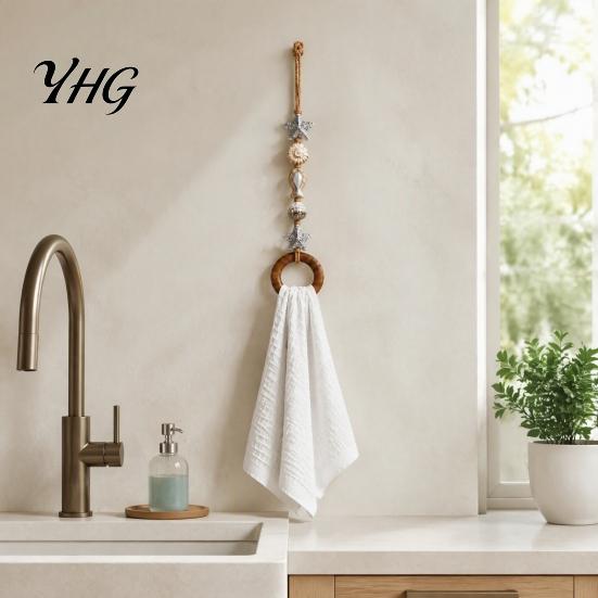 Bohemian Style Home Accents Beaded Towel Hanger, Wall Mounted Wood Ring Hand Boho Holder for Bathroom Holder, Decorative Hemp Rope Storage Rack