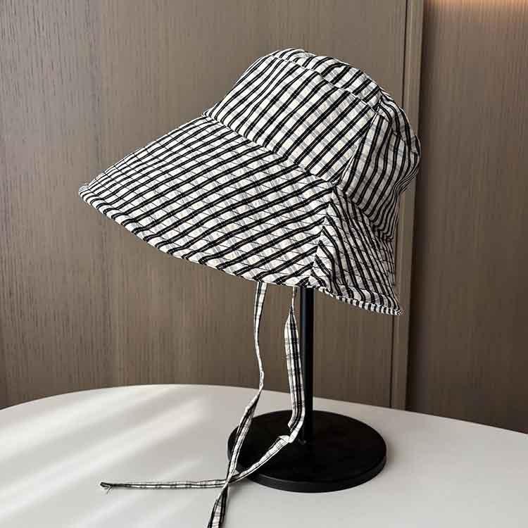 Classic plaid bucket hat ladies summer outing outdoor camping visor hat big edge strap sun hat