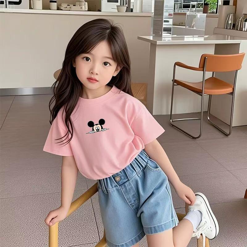 Kids Summer Cotton Loose Short Sleeve T Shirt Boys Girls Thin Round Neck Half Sleeve Top Fashionable Cartoon Print