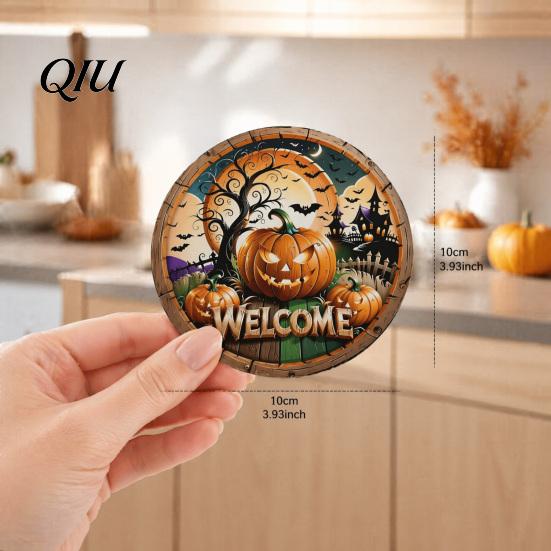 Non-slip Table Protection 6Pcs/Set Halloween Wooden Coasters, Retro Pumpkin Ghost Drink Decorative Coffee Bar Accessories Round Heat