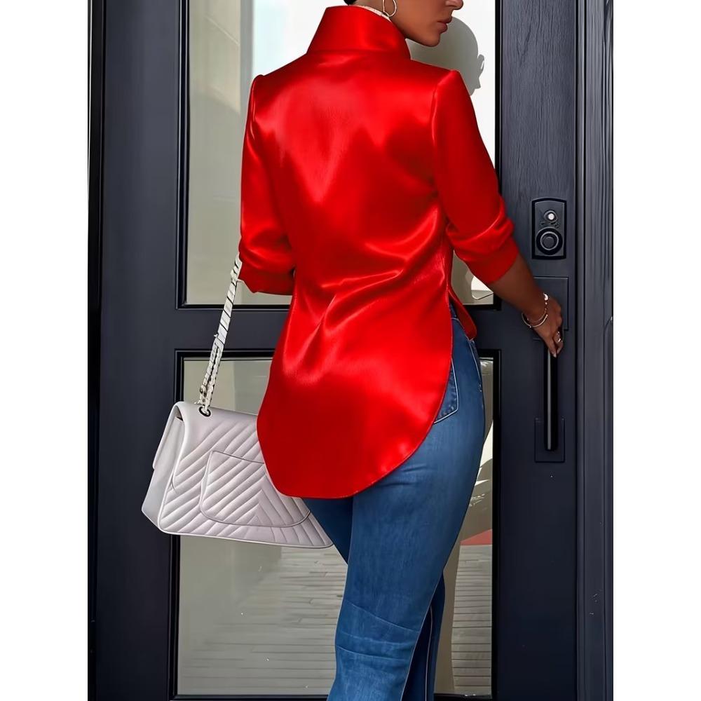 Fitted, Slimming, Long-sleeved Satin Shirt with An Asymmetrical Hem for Women