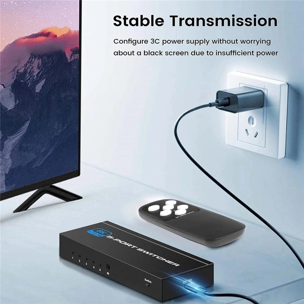 Q8Q5 HDMI 2.1 Switch 5 In 1 Out 8K 60Hz 4K 120Hz High Refresh Rate Switcher for Gaming Home Entertainment