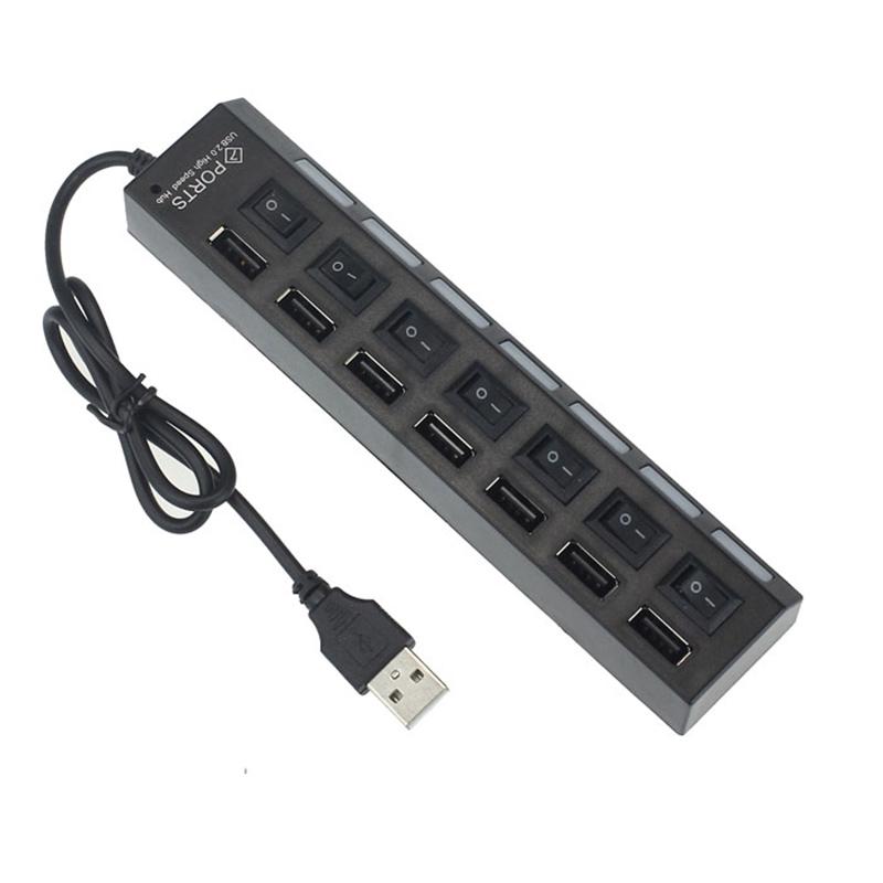 Новый 7-портовый USB-концентратор со светодиодной подсветкой, высокоскоростной USB-адаптер 480 Мбит/с, USB-концентратор с выключателем питания для портативных ПК