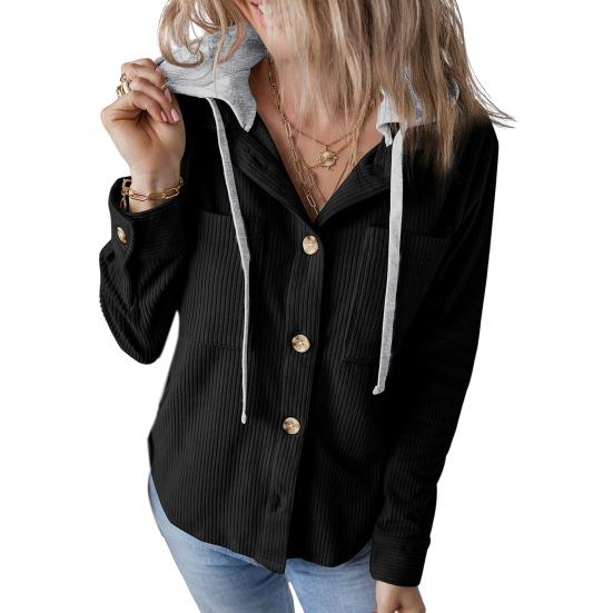 Весна Осень Женская Рубашка С Лоскутным Капюшоном И Нагрудными Карманами Завязывается На Шнурок Однобортная