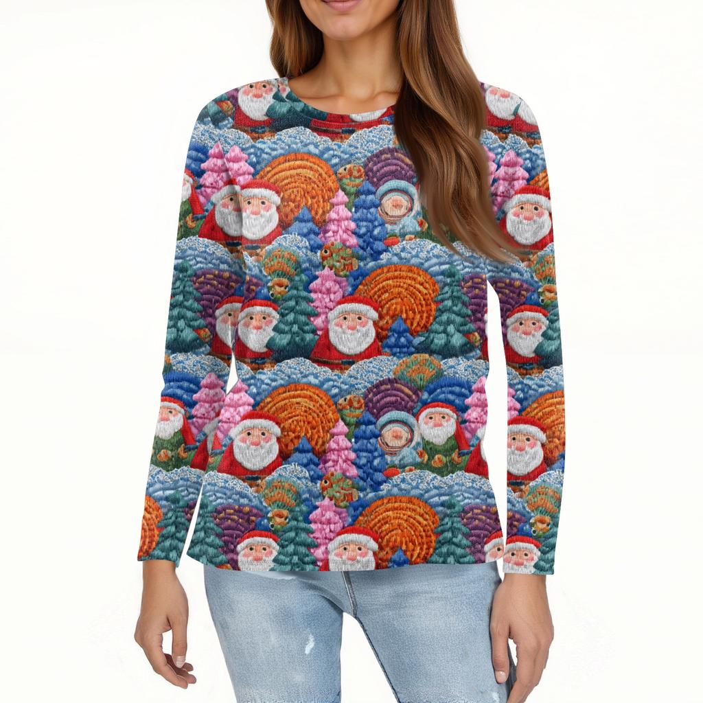 Women's Fashion Hem Slit Casual Christmas Printed Round Neck Long Sleeve Top