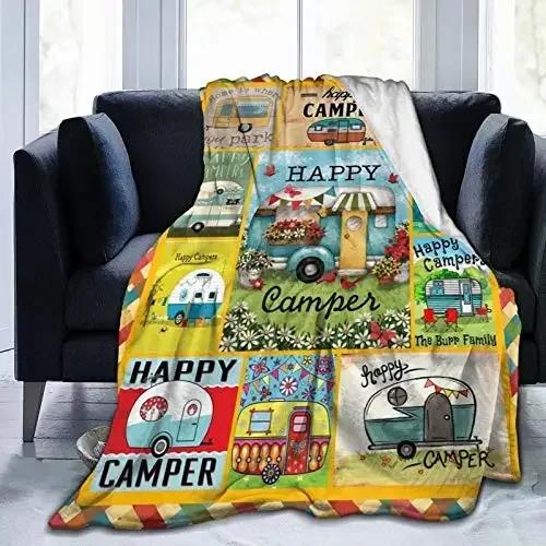 Throw Blanket Happy Camper Cozy Microfiber Bed Blanket for Adult Kids Flannel Lap Blanket for Couch Chair,Custom