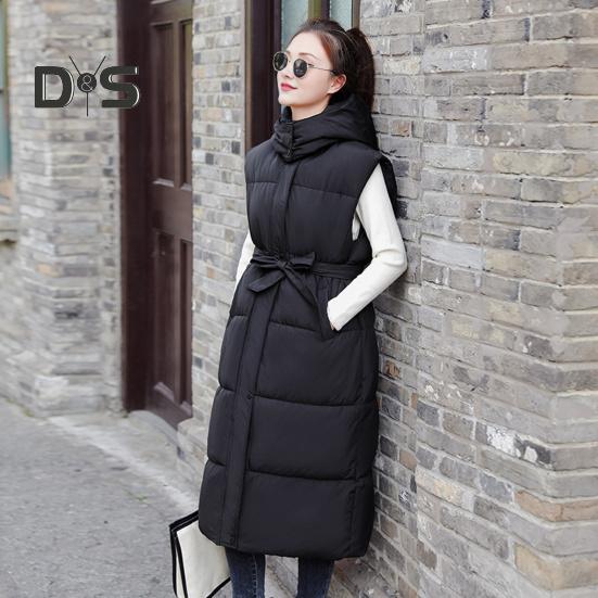 Зимний женский жилет, утолщенный, с застежкой-молнией, с капюшоном, свободный крой, регулируемая талия с поясом, без рукавов, однотонный, ветрозащитный, сохраняющий тепло