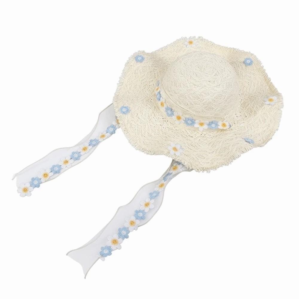 Breathable Vacation Beach Cap with Garland with Lace Big Brimmed Straw Hat Sombrero Sunshade Topi Woven Sun Cap