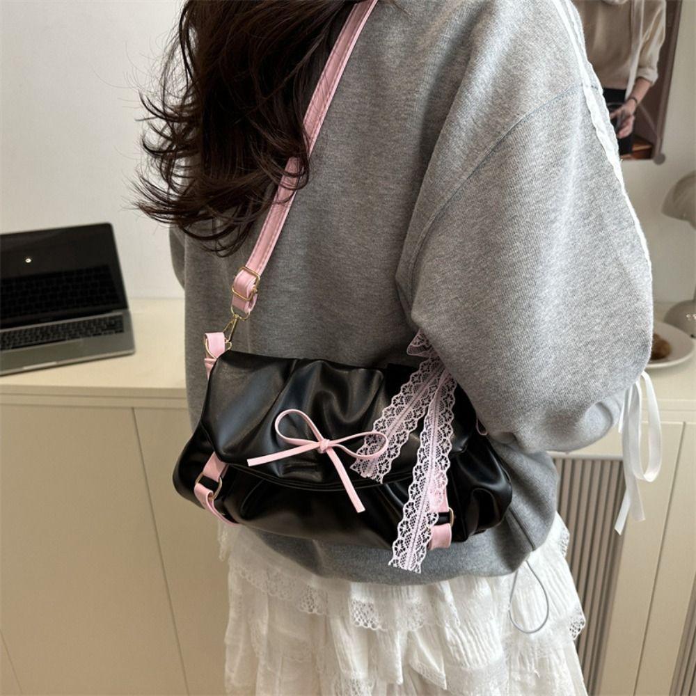 Korean Style Balletcore Underarm Bag PU Leather Bow Lace Handbag Y2k Shoulder Bags  Girls/Female
