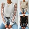 Women Shirt See-through Mesh Flower Applique Round Neck Long Sleeve Solid Color Pullovern Soft Patchwork Twist Texture OL Commut