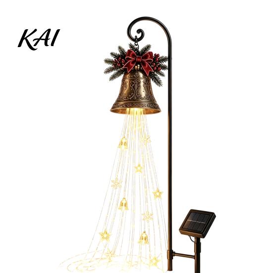 Solar Powered Yard Accents Christmas Bell Waterfall Light, LED Metal Garden Stake with Red Ribbon, Iron Art Holiday Displays Auto On/Off, Waterproof
