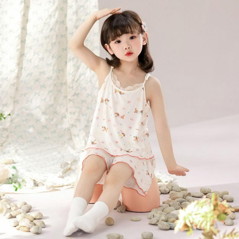 Girls Pajama Set Soft Modal Cotton Blend Sleepwear With Cartoon Animal Print Lightweight Comfortable Home Outfit
