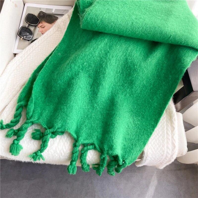Winter Scarf Women Luxury Mohair Scarf Cashmere Warm Pashmina Solid Female Scarves Wraps Thick Soft Bufanda Big Tassels Shawl Long Stole Scarf