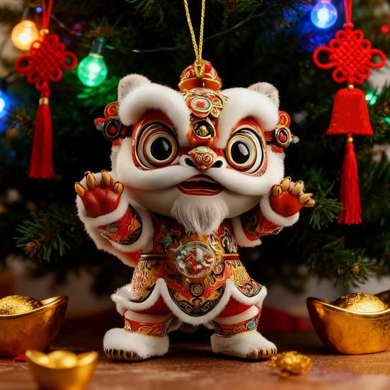 Yousheng Car Pendant with Metal Chain Lion Dance Design Plush Fabric Car Charm Keychain Bag Accessory Good Fortune Decoration