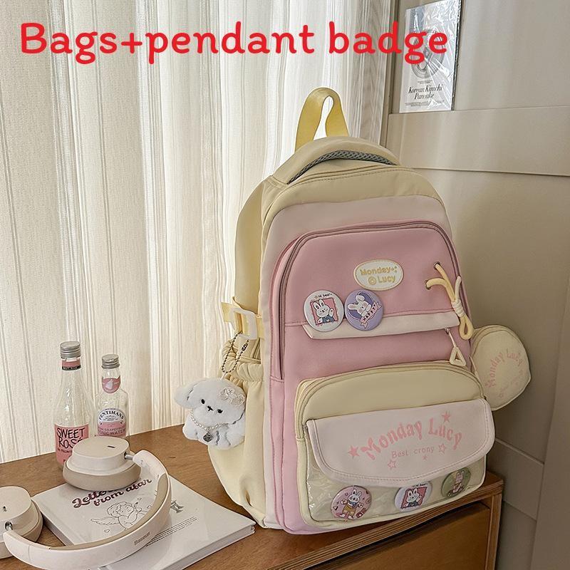 Simple Color Blocked Letter Pattern Student Backpack With Badge Pendant And