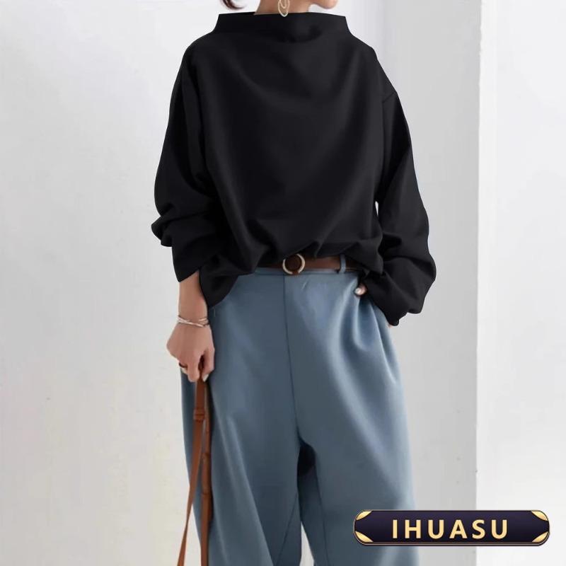 IHUASU Women's Fashion Half-high Neck Long Sleeve Autumn Winter Casual Blouses & Shirts Elegant