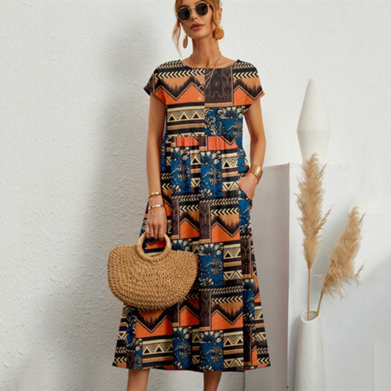 Новая мода Свободное хлопково-льняное платье Женское летнее платье с коротким рукавом и круглым вырезом с принтом Женские элегантные винтажные повседневные платья Lady 24195