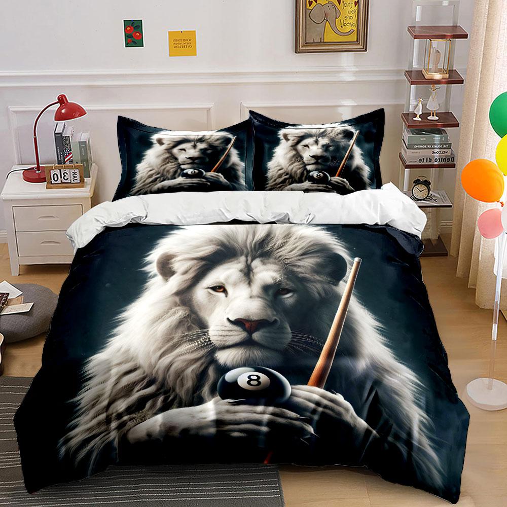 Lion Holding Pool Ball Artwork Bedding Duvet Cover Set (1*Duvet Cover 2*Pillowcases, without duvet insert)