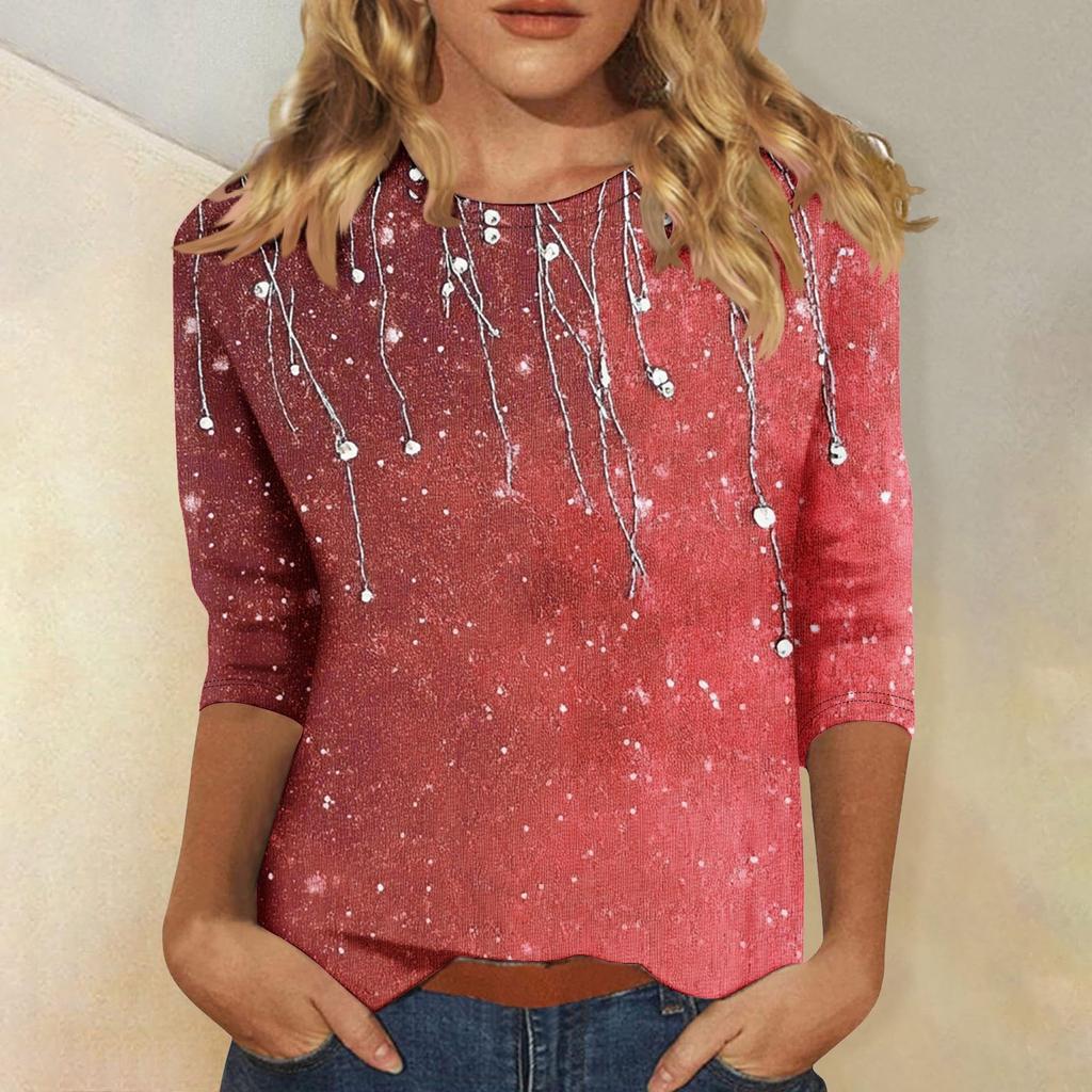 Женская мода повседневная три четверти рукава цветочный принт горловина топ