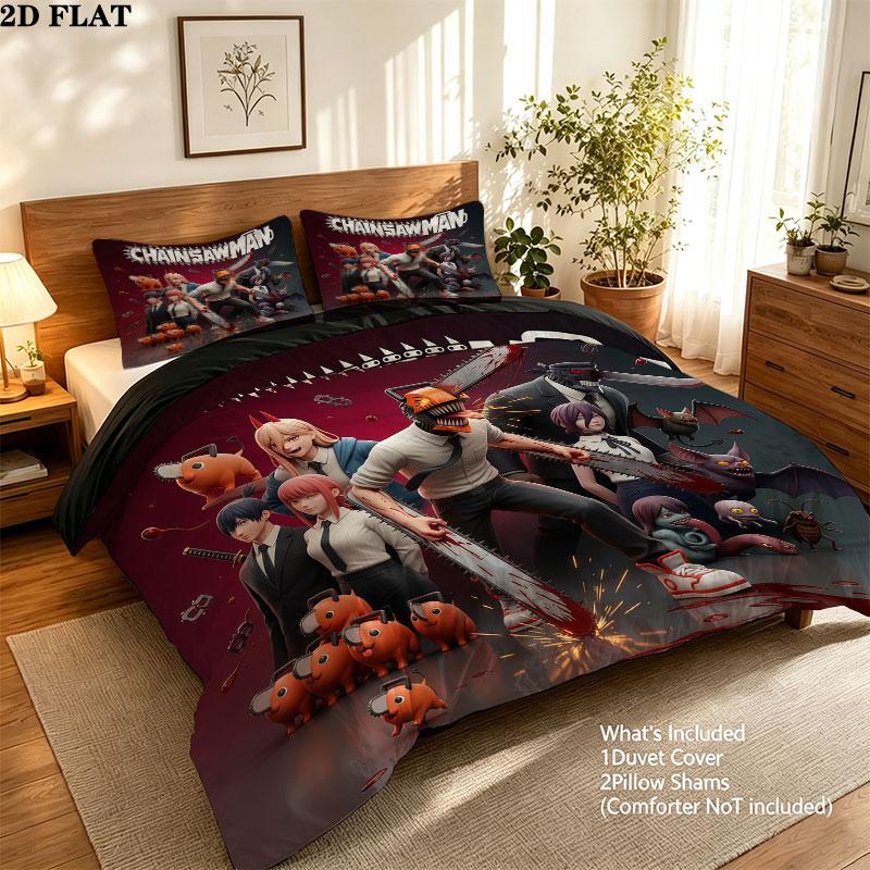 Chainsaw Man Pattern Bedding Quilt Set Quilt Cover Pillowcase Home Birthday Gift(1 * duvet cover + 2 * pillowcase, without core)