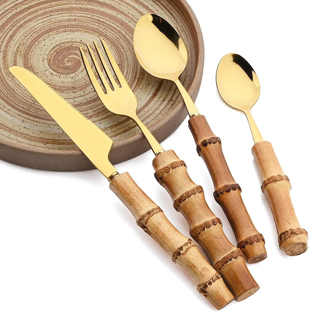 4 Pieces Bamboo Handle Set Natural Bamboo Flatware Stainless Steel Cutlery Utensils, Include Knife Fork Spoon Teaspoon