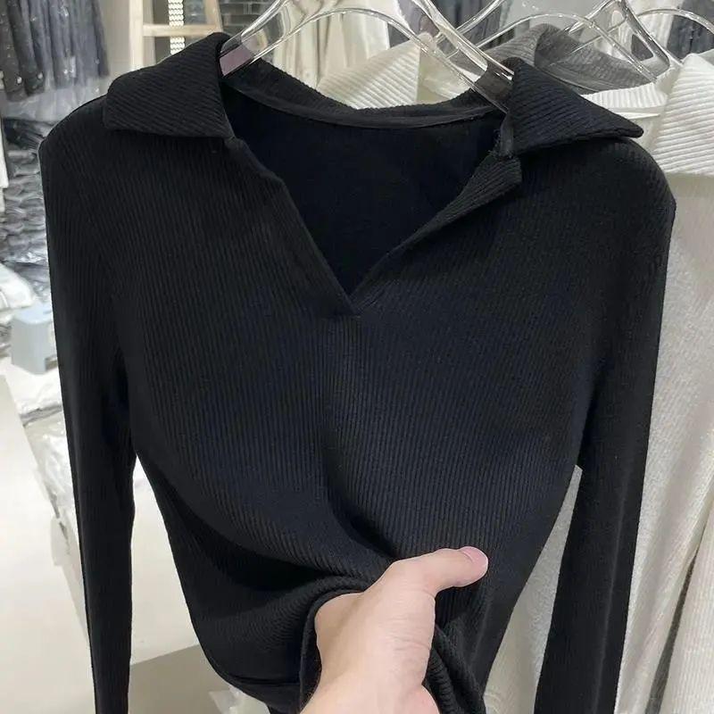 Футболка с лацканами, женская осенне-зимняя вязаная рубашка поло, однотонная эластичная трикотажная майка, вязаный пуловер, свитер