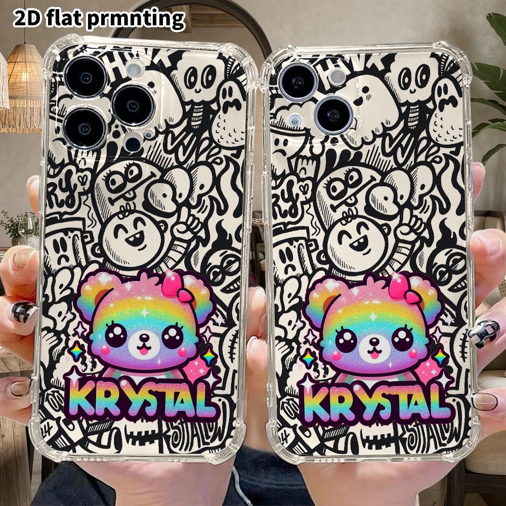 Phone Case: 2D flat suitable for iPhone 18 17 16 15 14 13 Pro, transparent four corner protective case, rainbow bear, Christmas and Halloween gifts