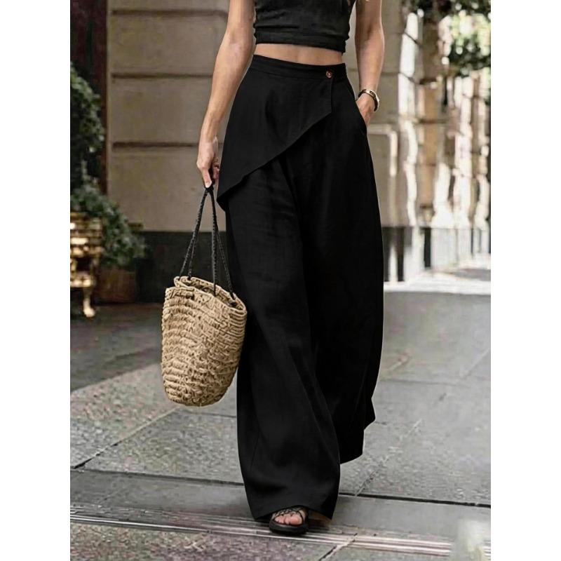 Women Irregular Design Loose Solid Linen Blend Wide Leg Casual Pants