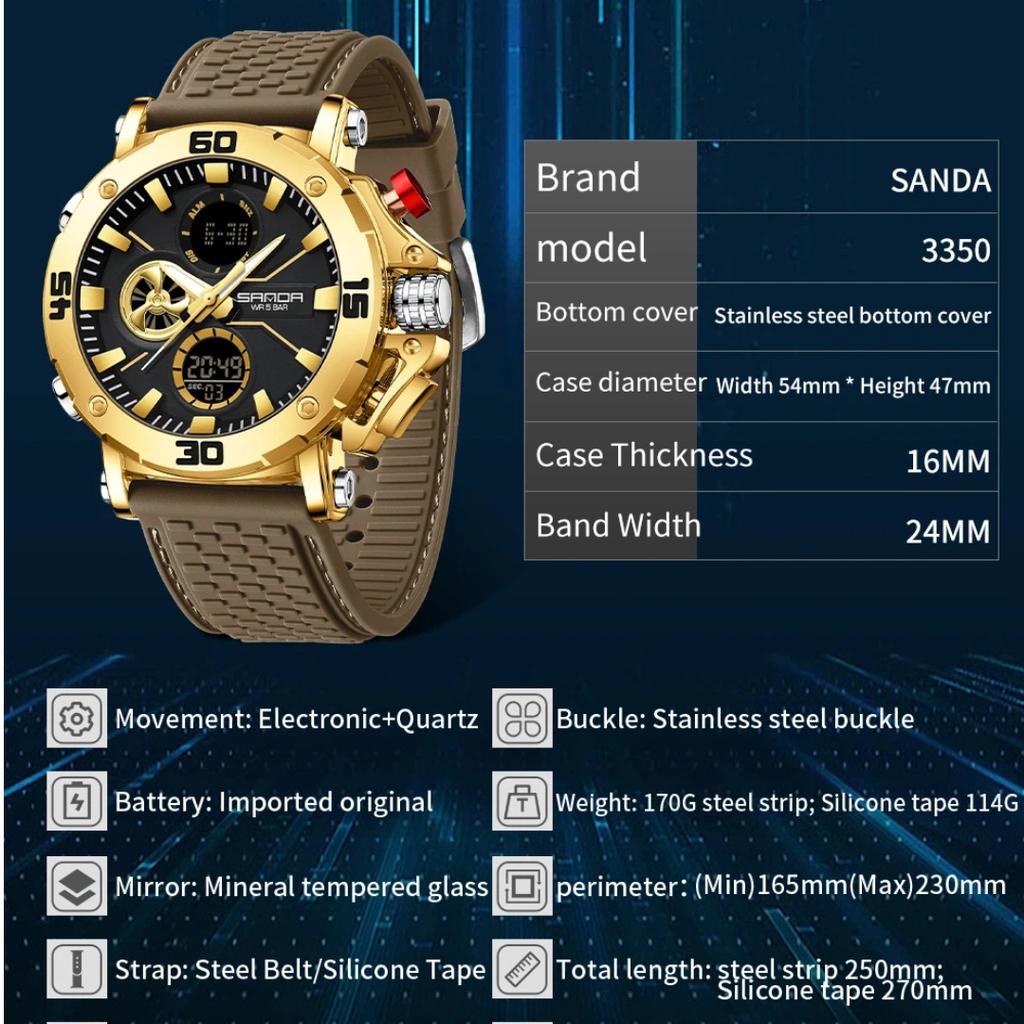SANDA Luxury Men's  Watch Military Sports Waterproof Night Light Stopwatch LED Electronic Digital Men's Watch