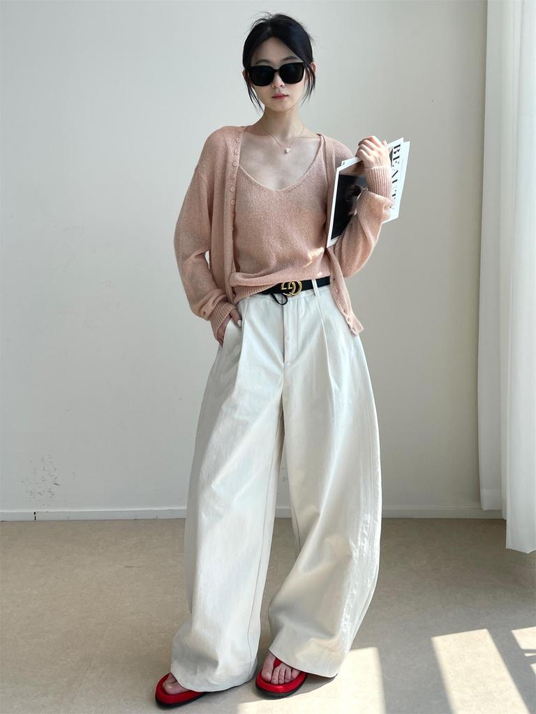 Nan Yu Лидер продаж Корейские брюки-баллоны с высокой талией и широкими штанинами - Минималистичные, повседневные брюки свободного кроя