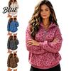 Long Sleeve Casual Top Women Leopard Print Hoodie, Oversized Half Zip Hooded Sweatshirt with Kangaroo Pocket, Fall Pullover