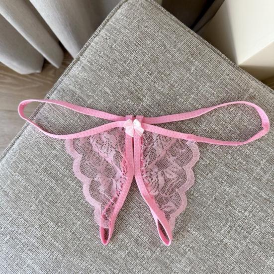 Women Panties Lace Open Crotch See-through Bow-knot Decor Solid Color Thongs G-string Lady Low Waist Thin Intimate Women Underwear