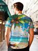 [Printed Design – Not Textured] Men's Digital Print T-shirt Featuring a Vibrant Tropical Beach Design with Coconut Trees, Seagulls, and Ocean Scenes.