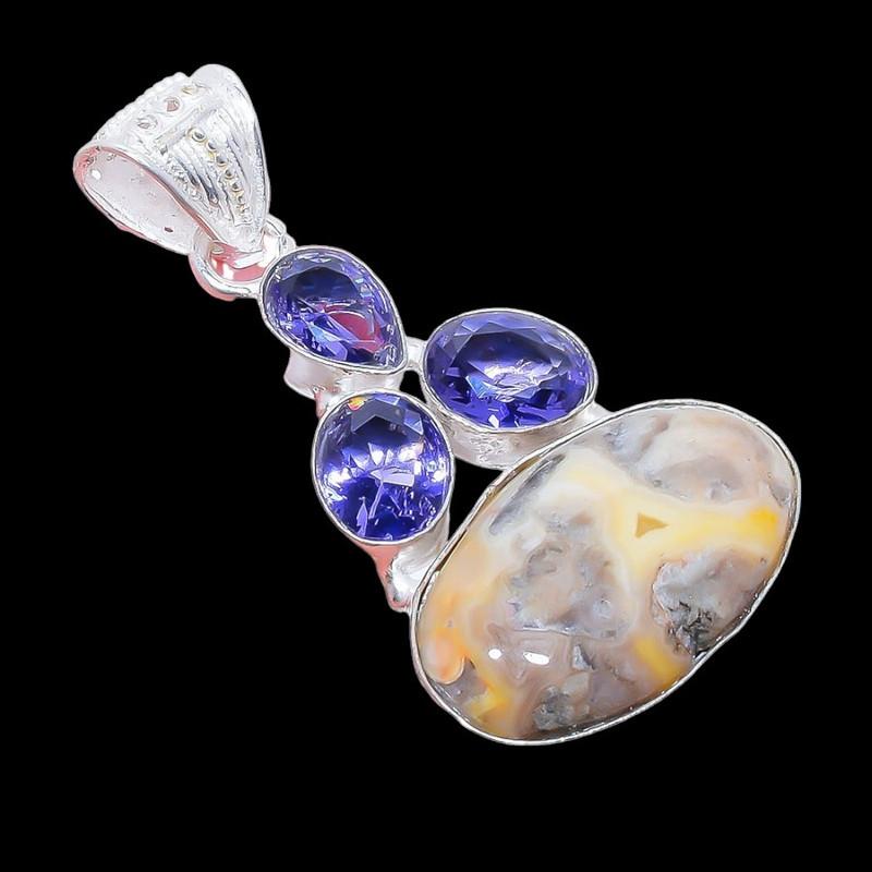 Laguna Lace Agate, Tanzanite 925 Sterling Silver Jewelry Pendant 2.0"  AH-3317