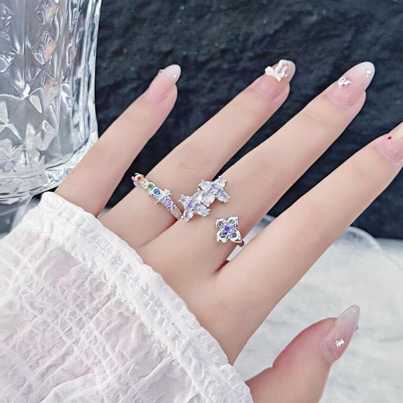Sweet And Cool Rainbow Full Of Diamonds, Zircon Flower Opening Ring, Female Niche Design, Advanced Sense, Light Luxury, Personalized Stacking Ring