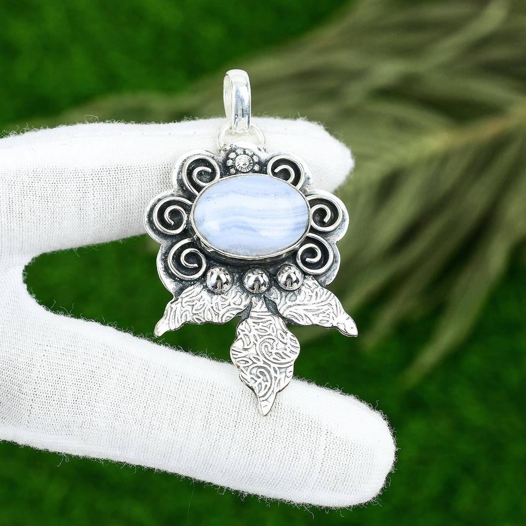 Сделка ко Дню сестер Кулон с драгоценным камнем голубой кружевной агат для мамы Ювелирное изделие Стерлинговое серебро