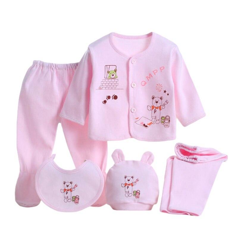 5PCS Newborn Layette Set Infant Boys Girls Baby Cotton Clothes 0-3M Tops Hat Pants Suit Essentials Outfit Sets