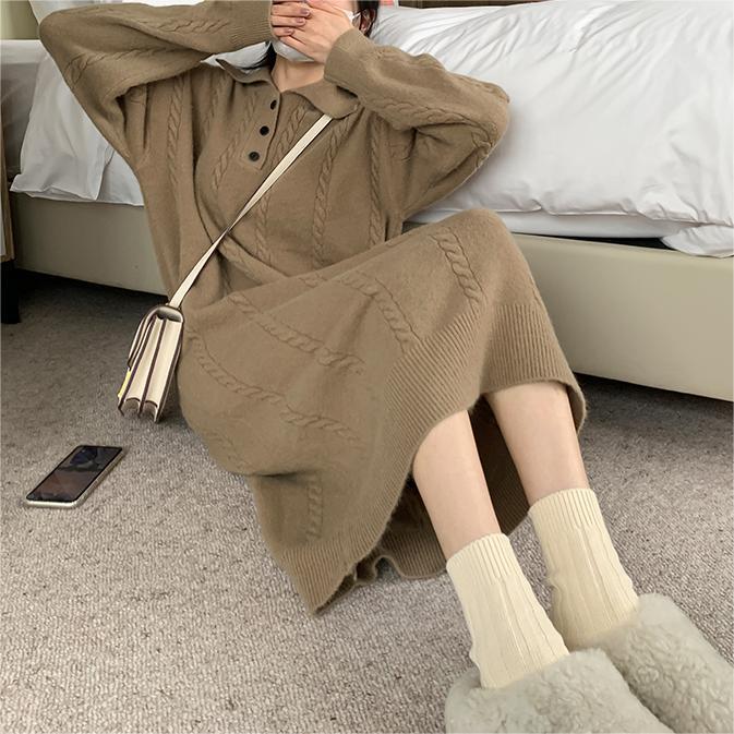 Осень и зима ретро свободный ленивый стиль вязаное платье женское однотонное средней длины свитер-юбка повседневное