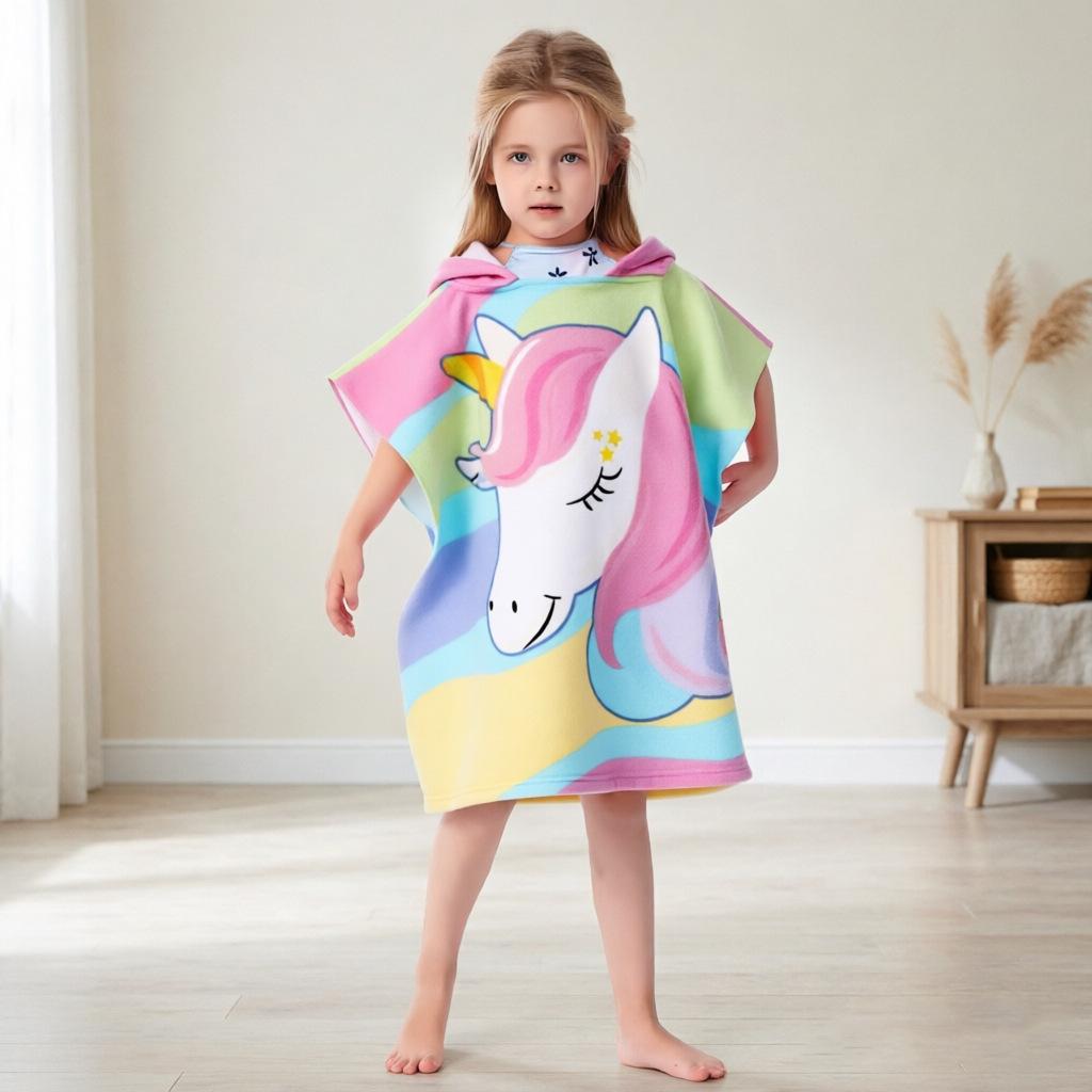 Ultra-Fine Fiber Cartoon Print Kids' Hooded Bath Towel Poncho