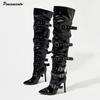 Fashion Autumn Winter Patent Leather Rivet Women Over the Knee Boots Fashion Belt Strap Buckle High Heels Thigh High Long Boots Shoes