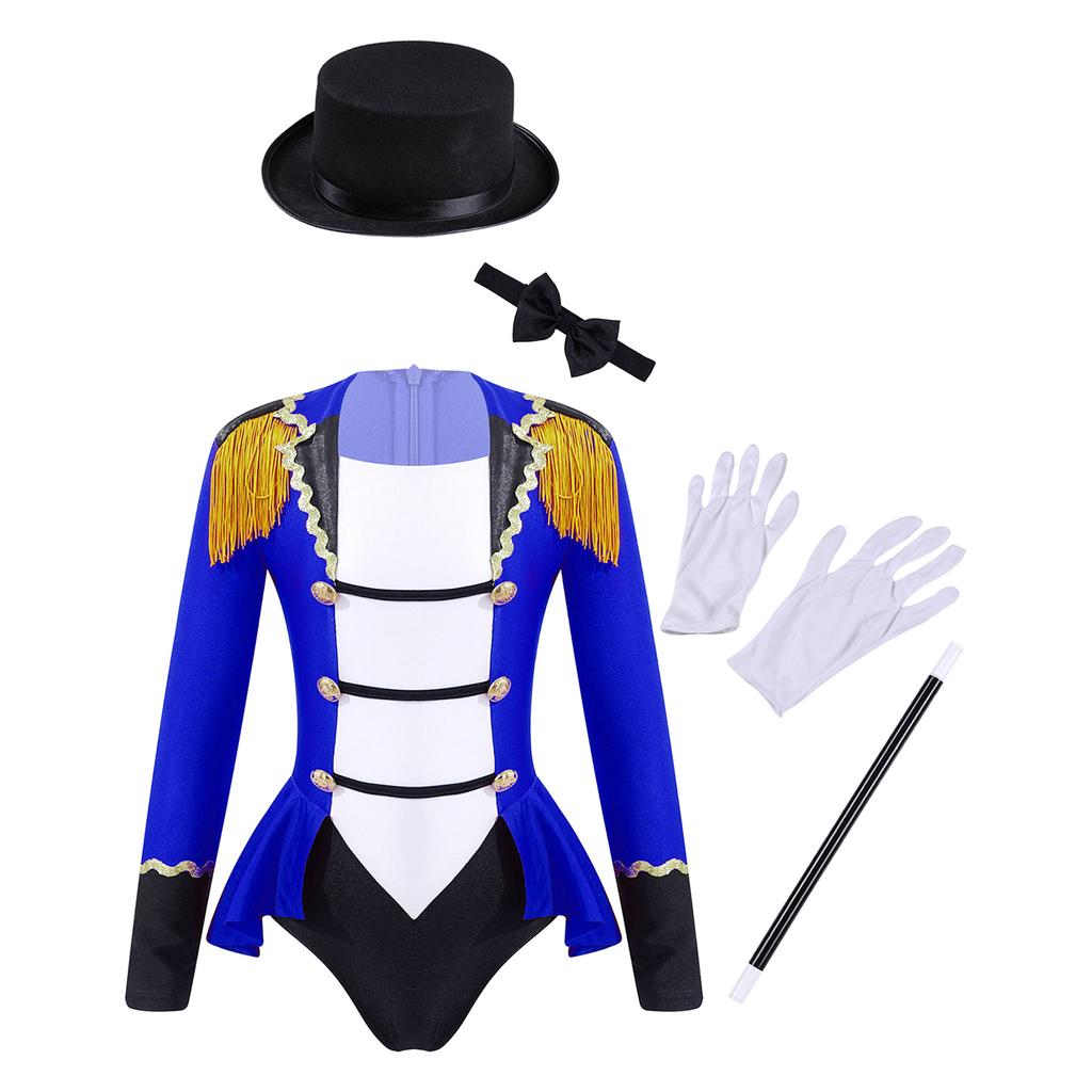 Комплект циркового костюма для девочек Леотар с длинным рукавом, лацканами, кисточками на плечах, молнией сзади, галстуком-бабочкой, шляпой, волшебной палочкой, перчатками