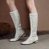 Модная женская новая летняя лаковая кожа с перфорацией, дышащие, со стразами, средний каблук, широкое голенище, крутые высокие сапоги