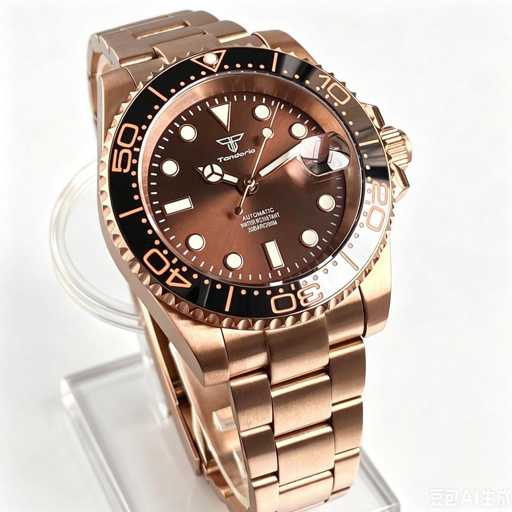 Tandorio New 40mm Red Sunburst Dial Automatic Mechanical Watch For Japan NH35 Sapphire Glass 20ATM Luminous Rose Gold Men Watch