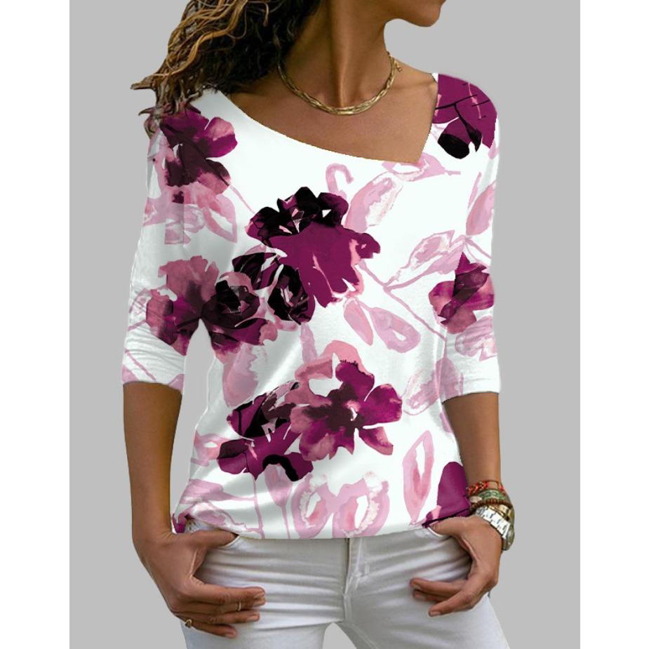 Футболки с косым воротником, длинный рукав, цифровая модная принтованная косая горловина, женская повседневная футболка для женщин