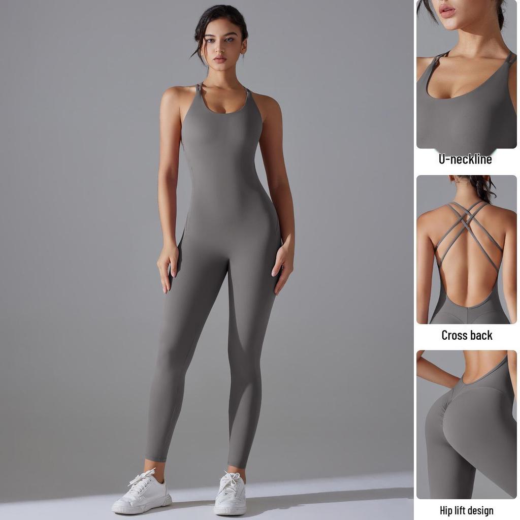 Евро-американский комбинезон для йоги с драпировкой и эффектом лифтинга бедер: Быстросохнущее и красивое бодикон с открытой спиной для фитнеса и бега