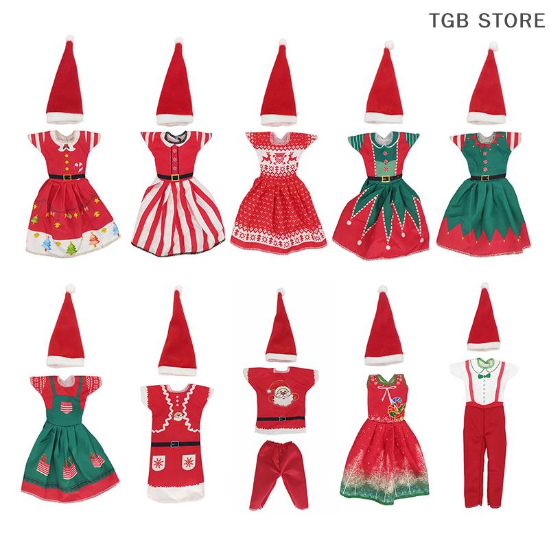 1Set Christmas Dress Outfit Dress Hats For 11 Inch 30cm Doll Fashion Clothes Doll Accessories
