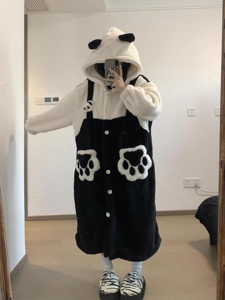 LAVASEON Cute Panda Winter Fluffy Hooded Pajamas with Plus Sizes Thick and Warm for Fall and Stylish and Warm Women's Pajamas, Loungewear, Gloves,
