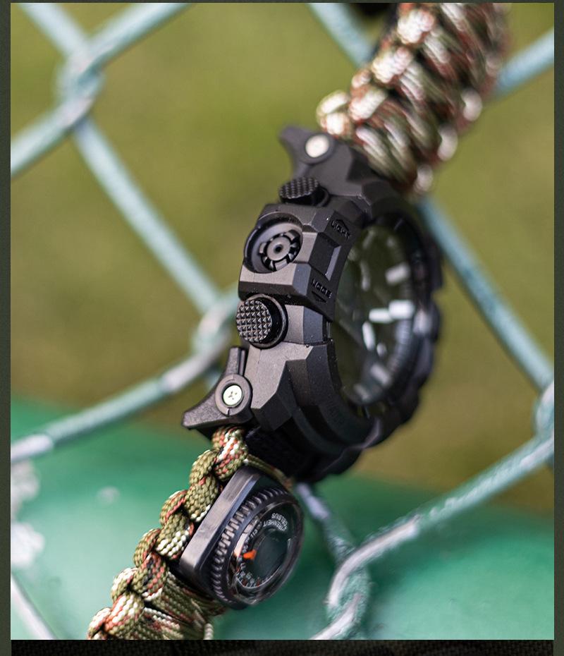 Мужские наручные часы для выживания на открытом воздухе с двойным дисплеем, спасательной веревкой, огнивом, свистком и компасом