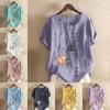 Women's Fashion Round Neck Short Sleeve T-shirt Casual Cotton Linen Graphic Shirt Leisure Loose Flower Prined Summer Blouse Tops Plus Size